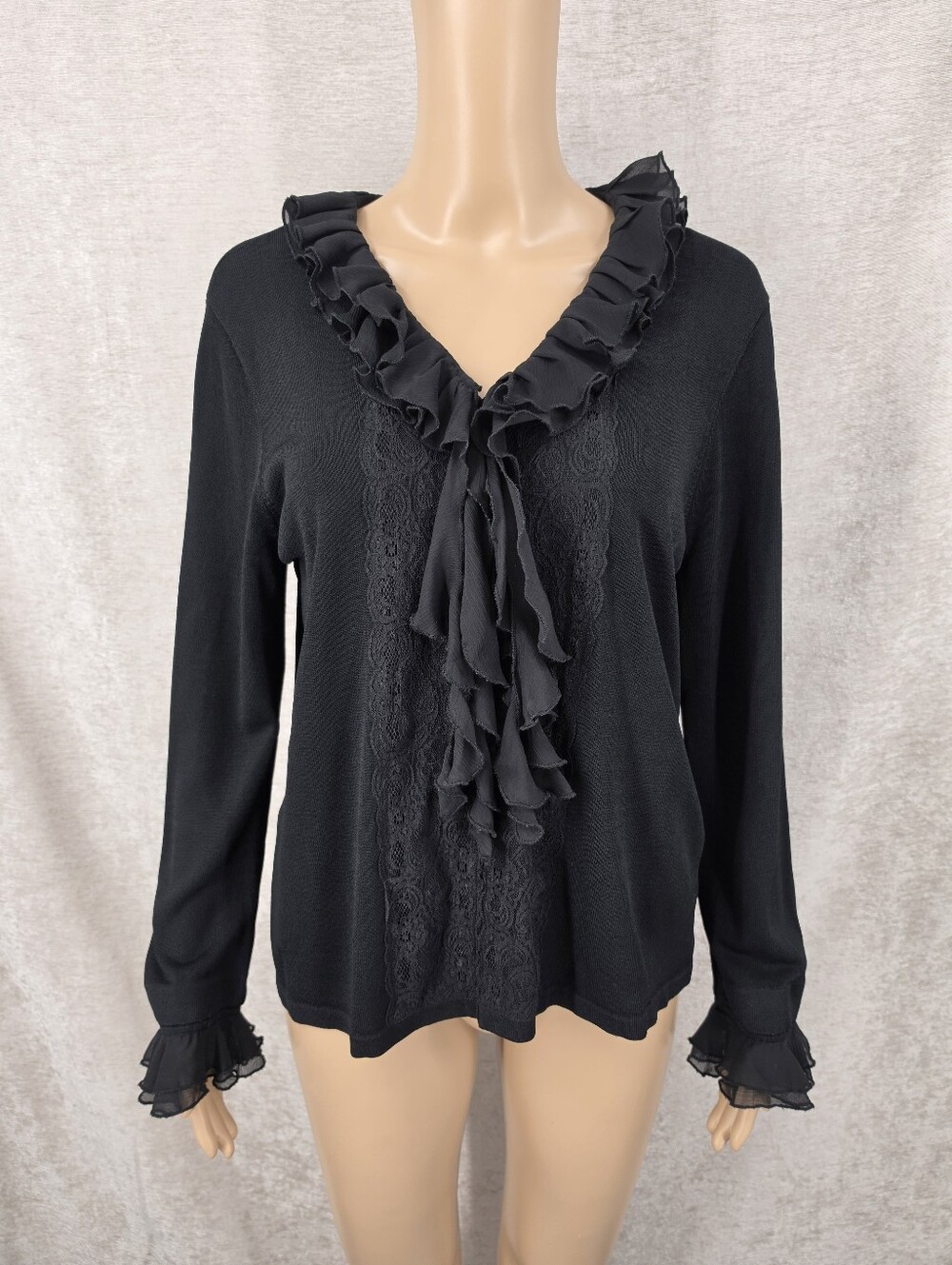 Whimsigoth Black Ruffle and Lace Cardigan Sweater